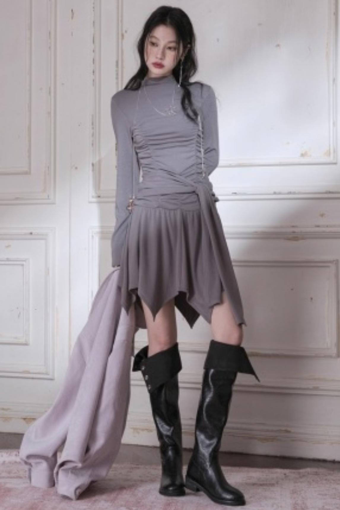 Pleated Turtleneck Dress