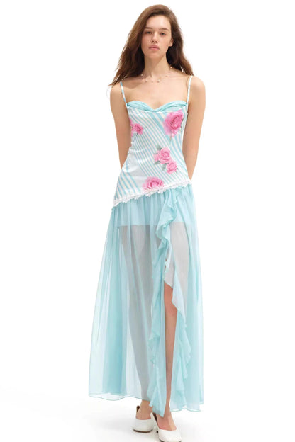 Striped Rose Rayon Summer Dress