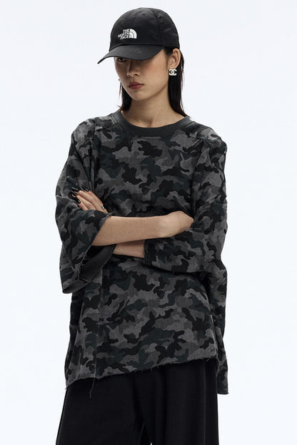 Vintage Camouflage Three-Quarter Sleeve Top