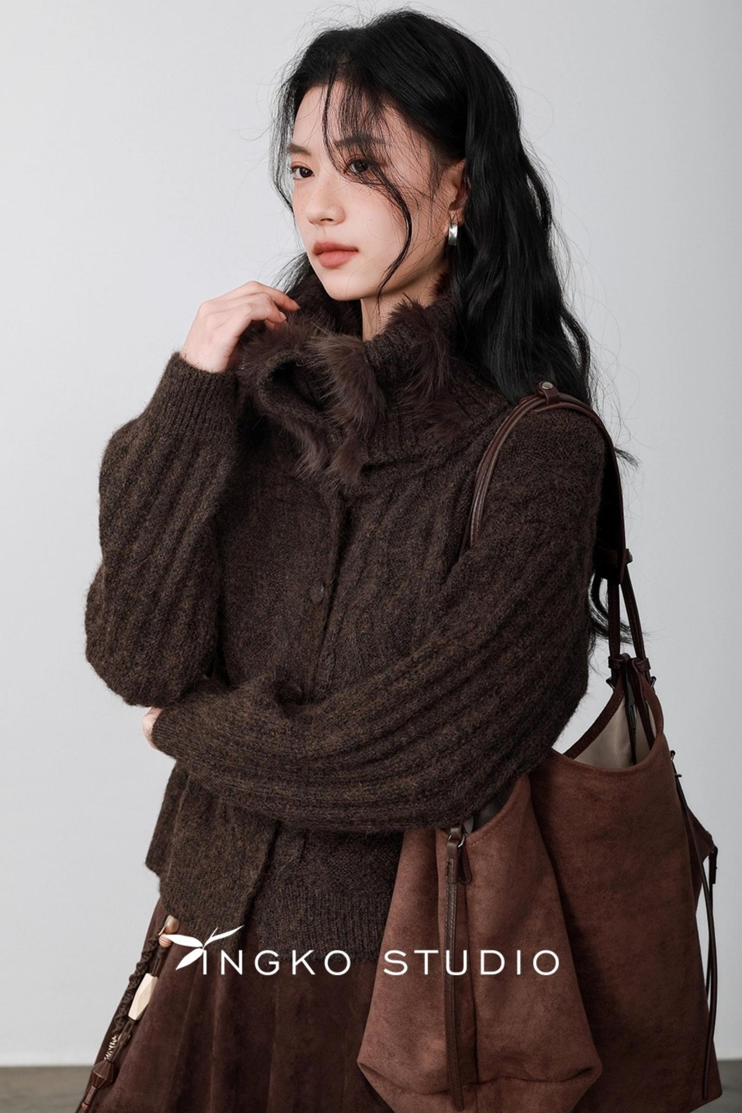 Caramel Brown Fur Collar Cardigan