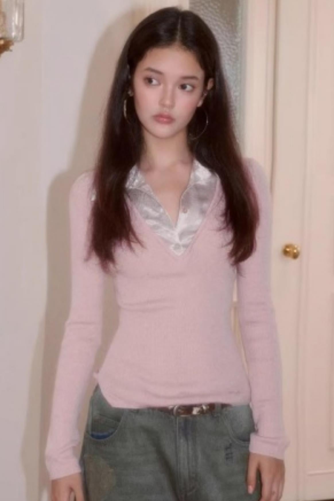 Fake Two-Patchwork Lapel Knit Top