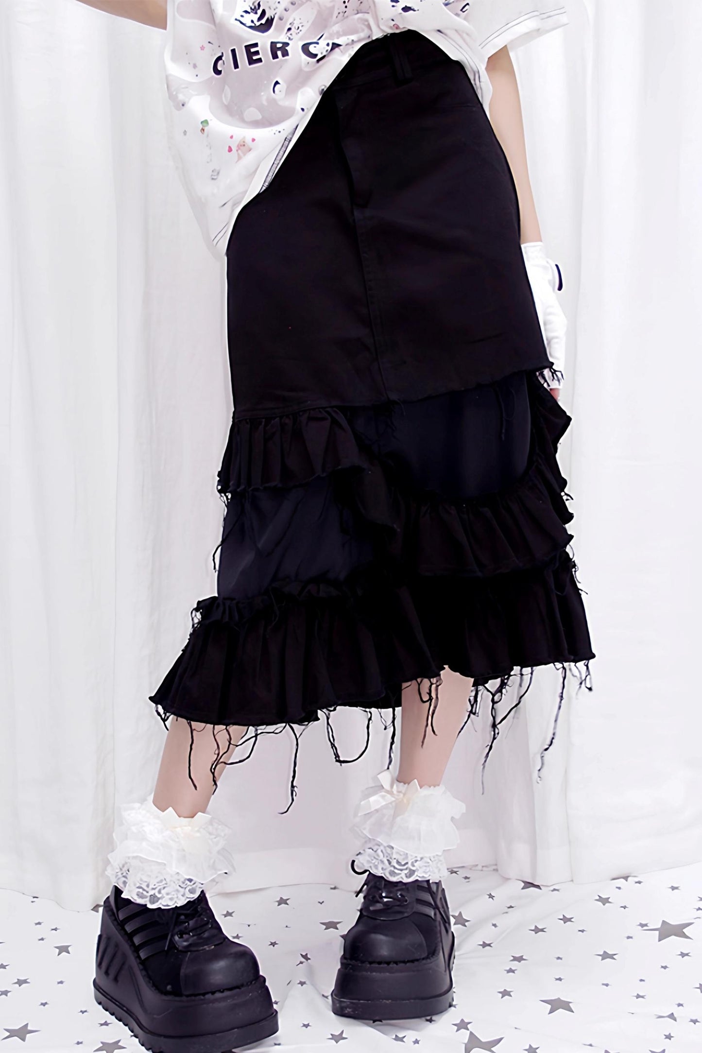 Tattered Black Denim Skirt