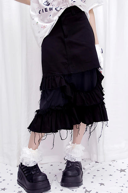 Tattered Black Denim Skirt