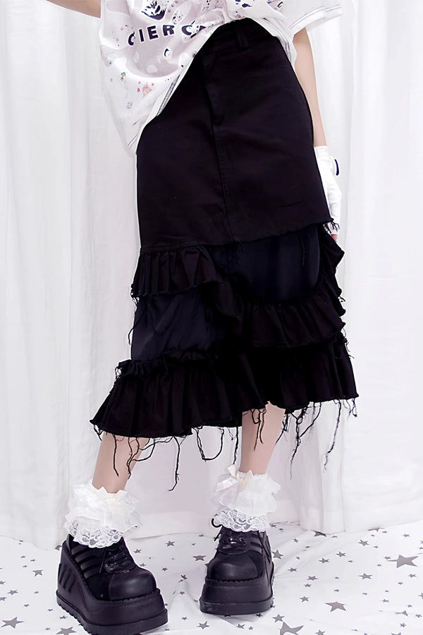 Tattered Black Denim Skirt