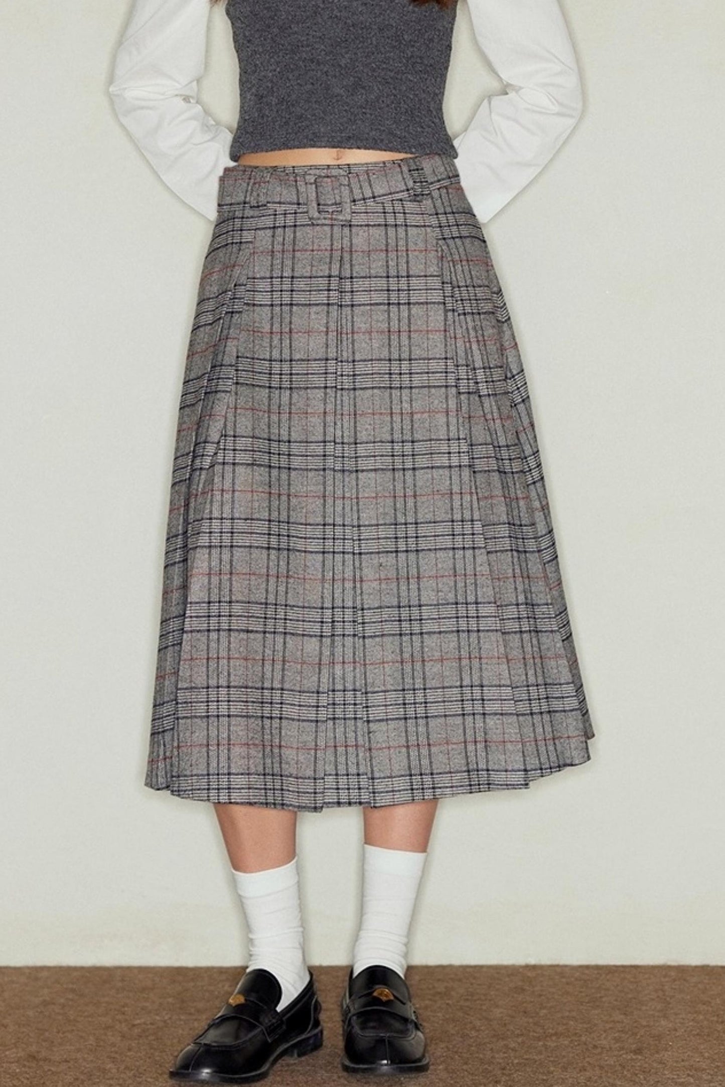 Vintage Gray Plaid Midi Pleated Skirt