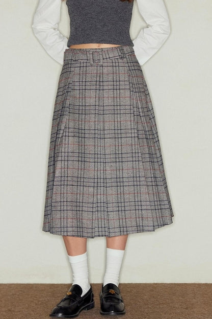 Vintage Gray Plaid Midi Pleated Skirt