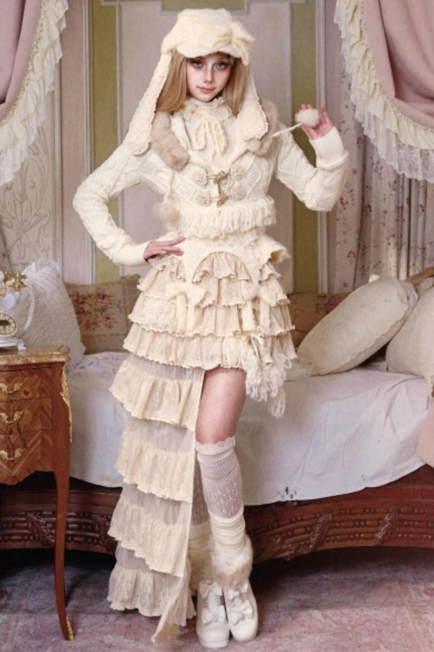 Slavic Knit Hooded Cardigan Hat Set-Up