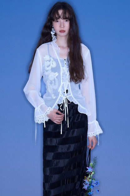 Autumn Lace-Up V-Neck Embroidered Shirt