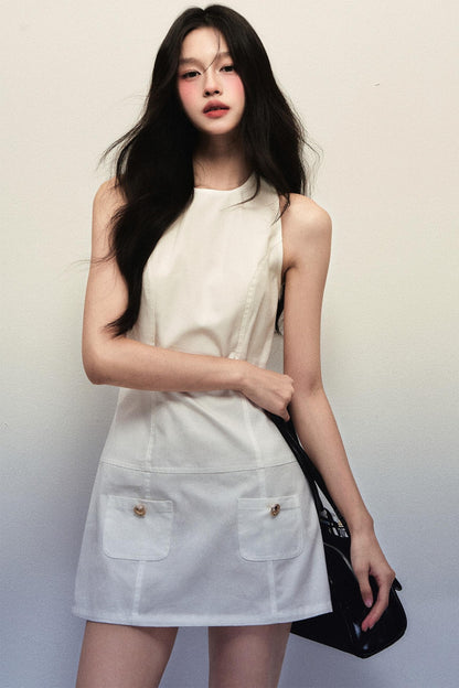 White Sleeveless Vest Dress Set-Up