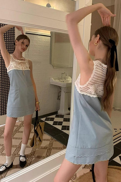 Blue Crochet Square Neck Dress