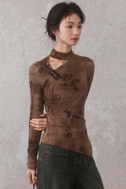 Hollow Design Long-Sleeved Chinese Top