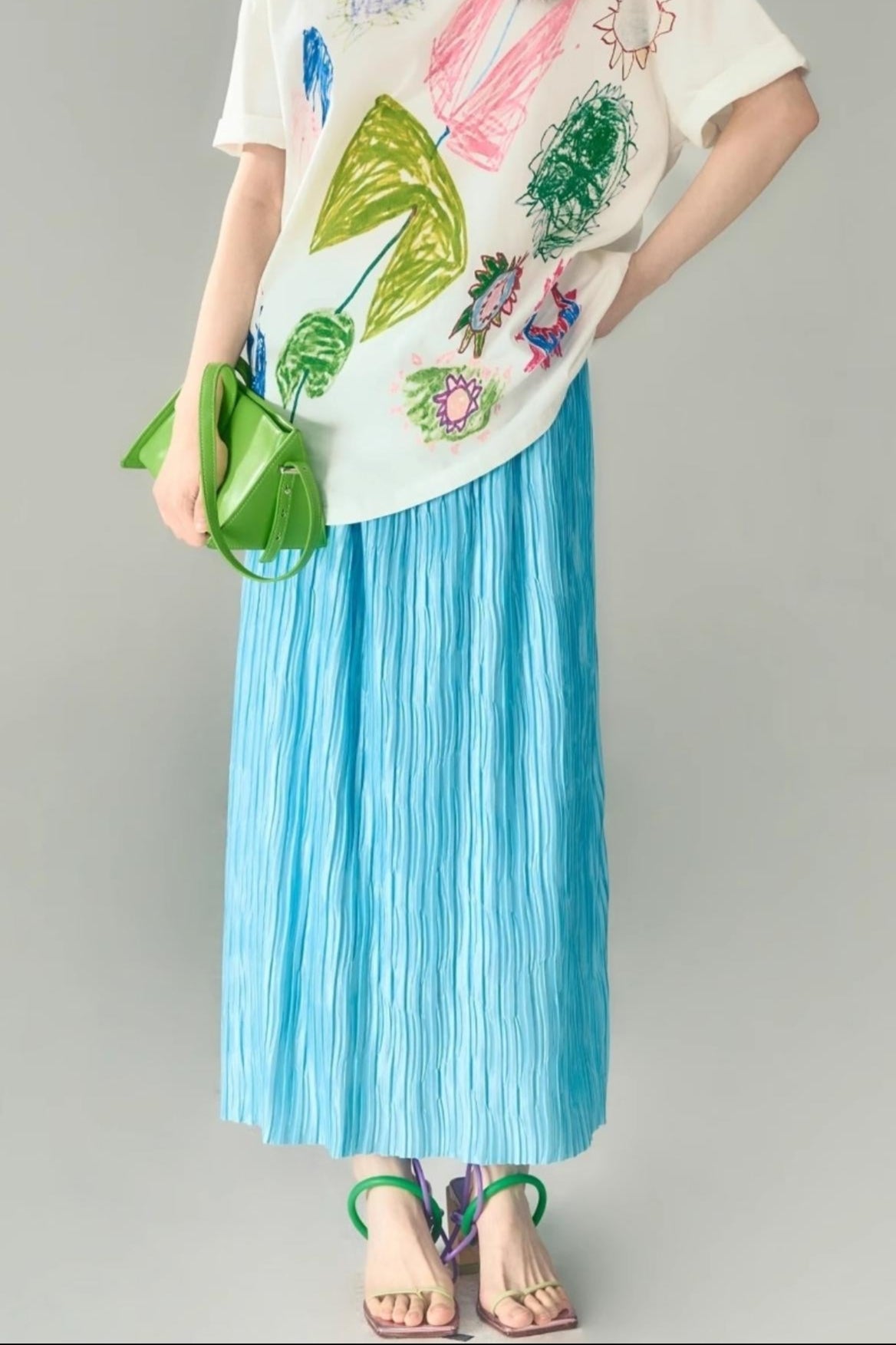 Original Design Glass Blue Elasticated Pleated Skirt