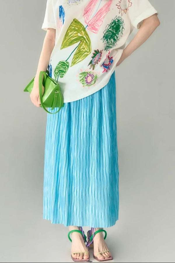 Original Design Glass Blue Elasticated Pleated Skirt