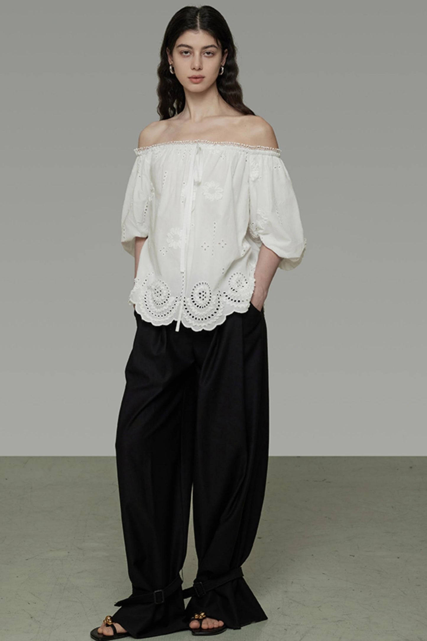 White Hollow Collar Blouse