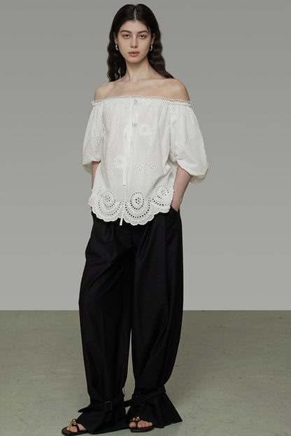 White Hollow Collar Blouse