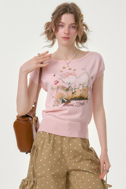 Pink Knitted Short-Sleeve T-Shirt