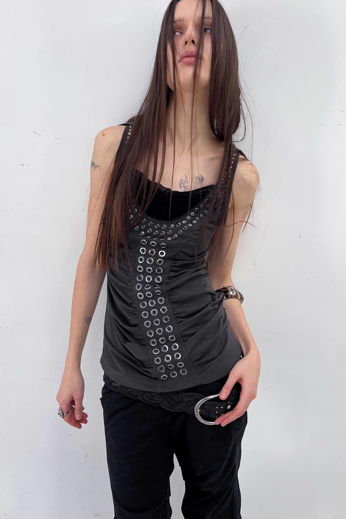 Metal Rivet Pleated Racerback Top