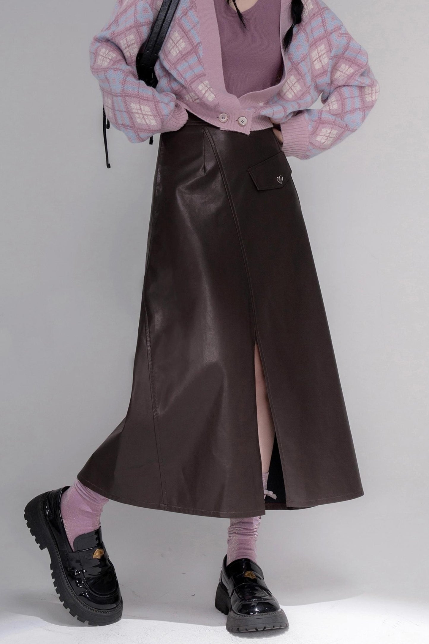 Rich and Crafty Brown Slit Leather Skirt