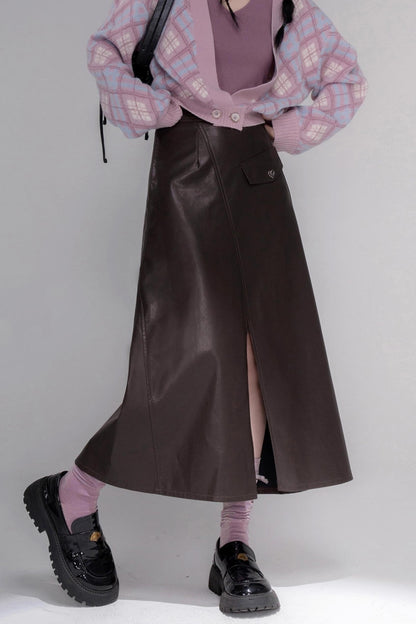 Rich and Crafty Brown Slit Leather Skirt