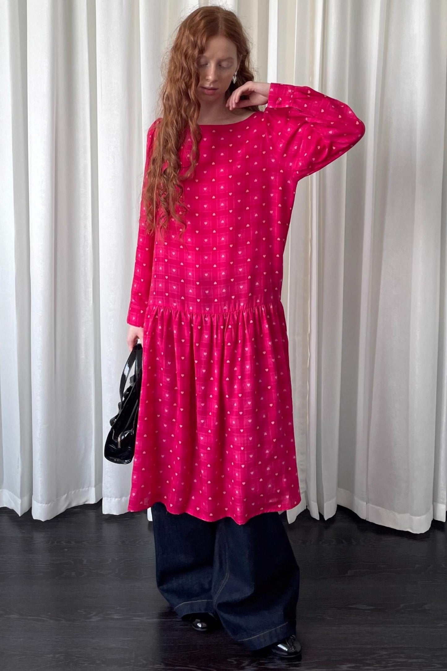 Smell Love Bow Rose Red Plaid Long Sleeve Dress