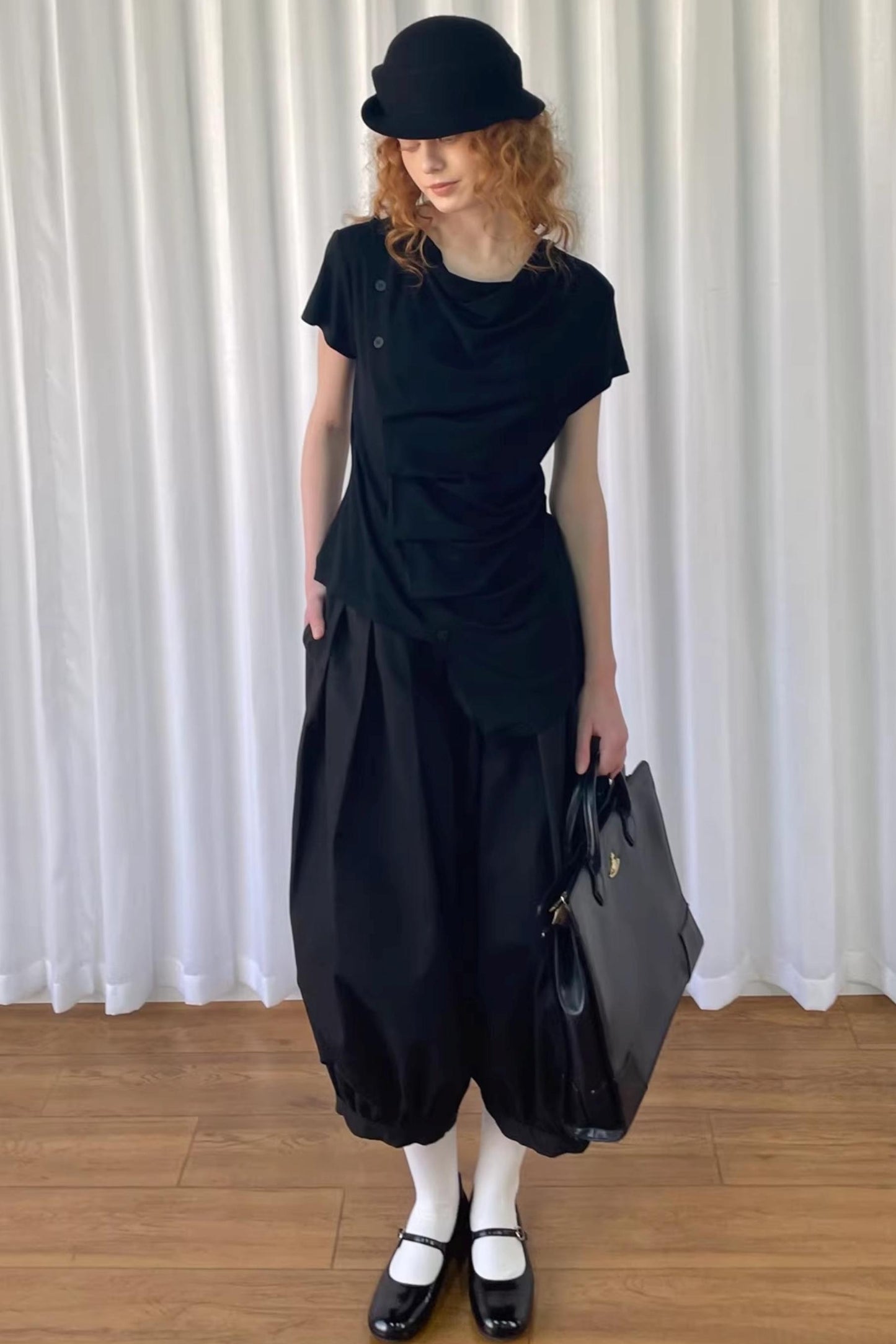 Pleated Irregular Neckline Top