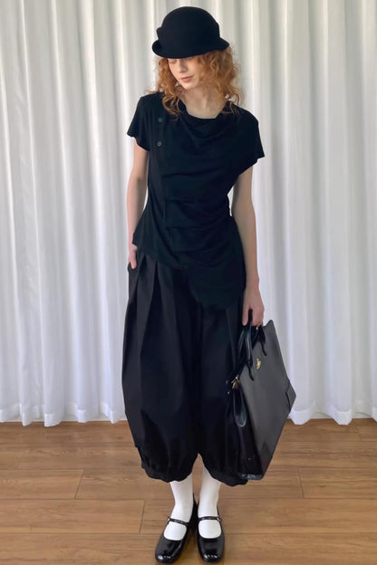 Pleated Irregular Neckline Top