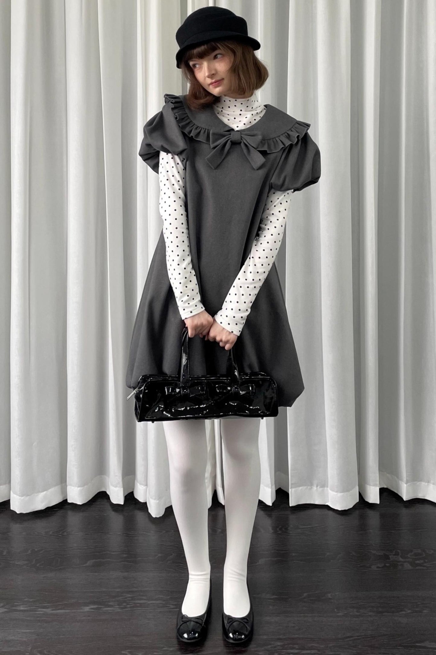 Gray Tweed Bow Lace Puff Sleeve Dress