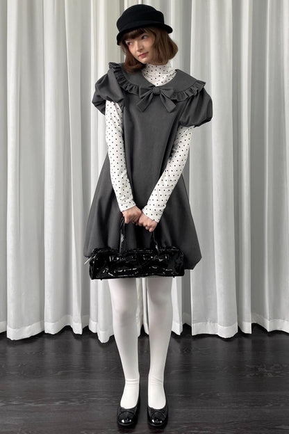 Gray Tweed Bow Lace Puff Sleeve Dress