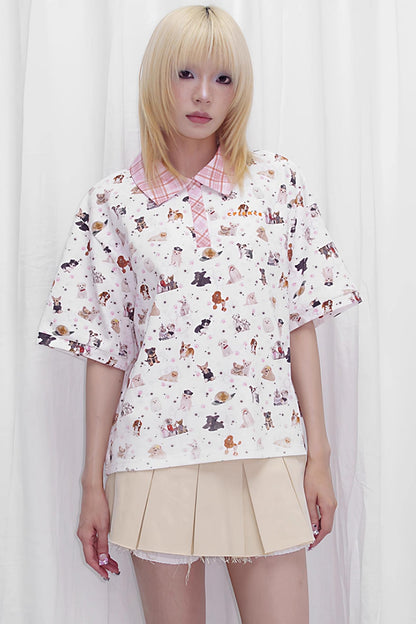 Dog Print Loose Fit Polo Shirt