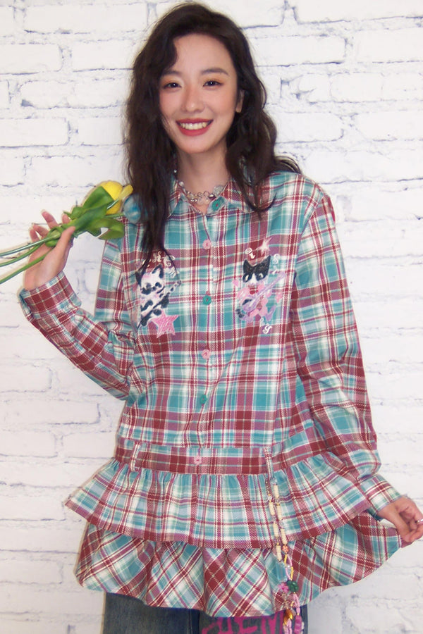 New Band Collar Plaid Dress