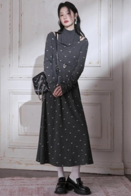 Off-the-Shoulder Knitted Bow Print Dress