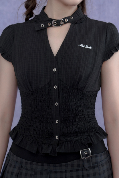 Dark Texture V-Neck Top Set-Up