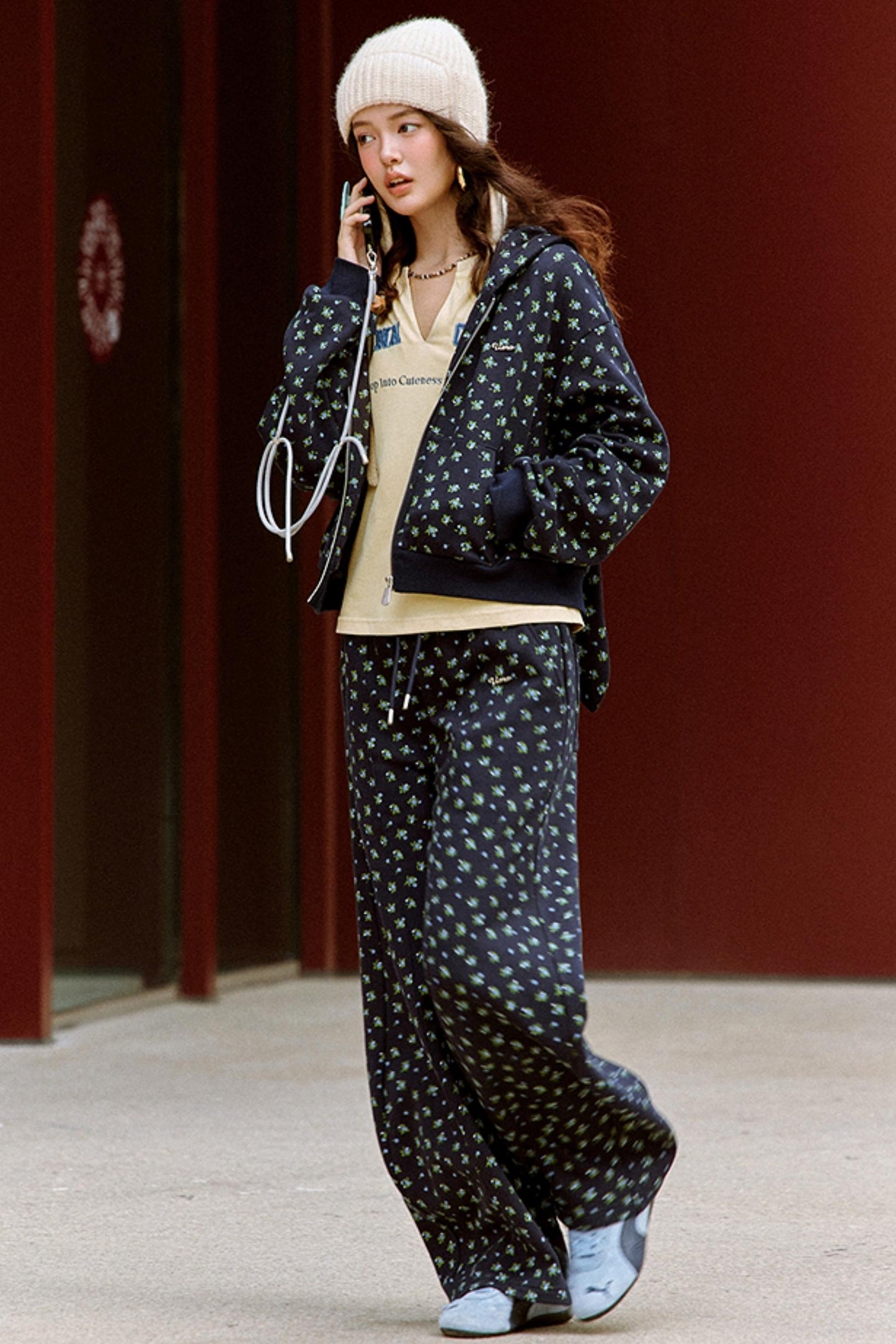 Navy Blue Floral Hooded Jacket Set-Up