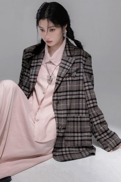 Wool Plaid Patchwork Tweed Jacket