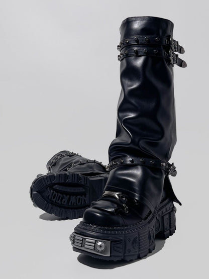 Y2K Retro Punk Style Eyelet Triple Belt Volume Sole Long Tube Boots