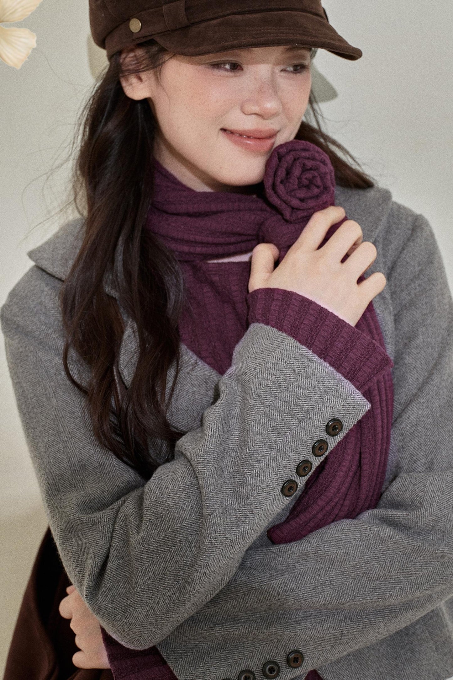 Purple Strip Knit Gray Woolen Jacket Set-Up