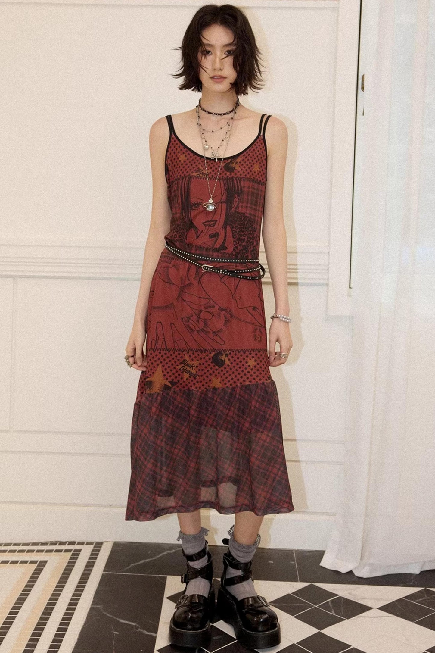 Red Printed Strap Dress