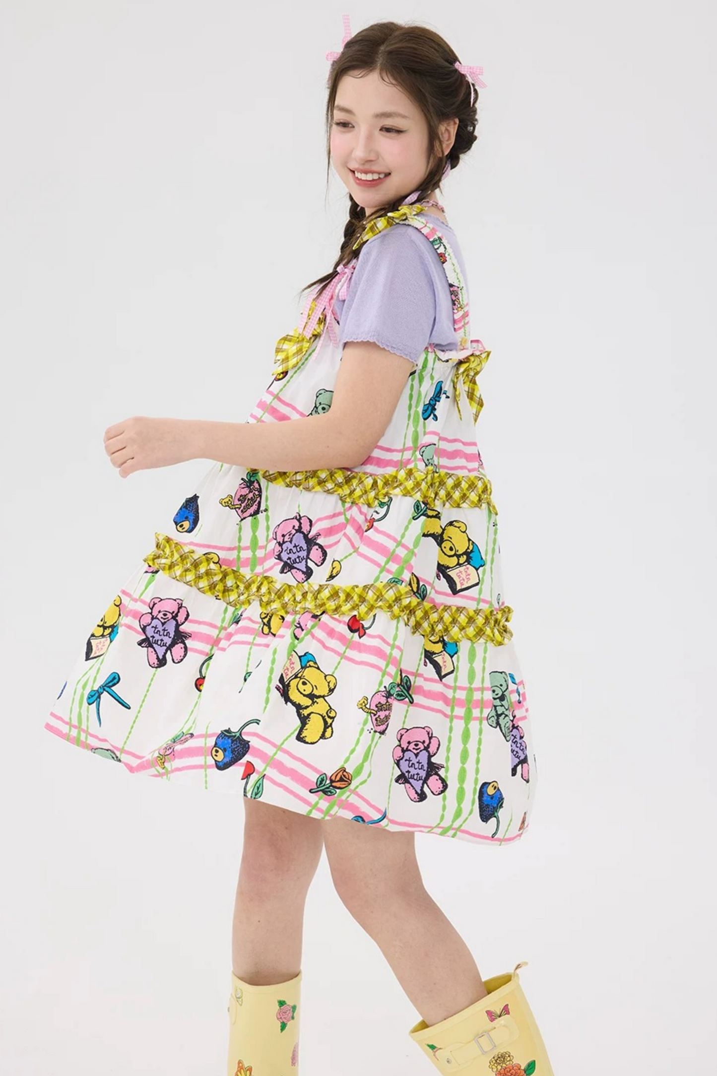 Robe salopette à carreaux avec ours