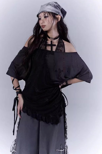 Black Lace-Trimmed Tee