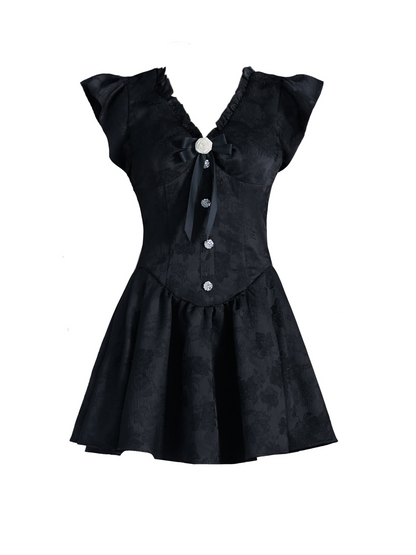 White Rose Motif Ruffle Dress Black