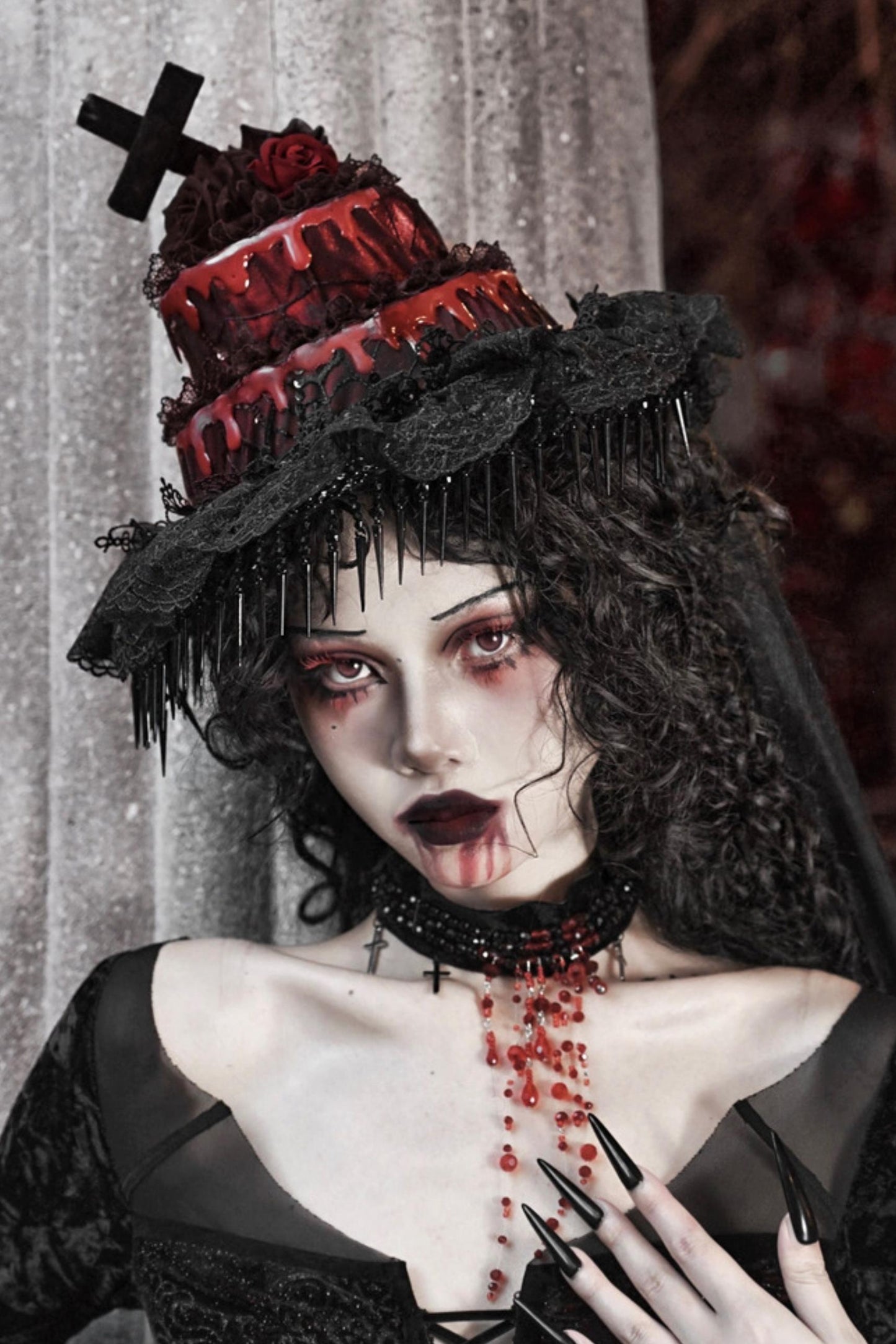 Crimson Blood Gothic Mesh Tail Hat