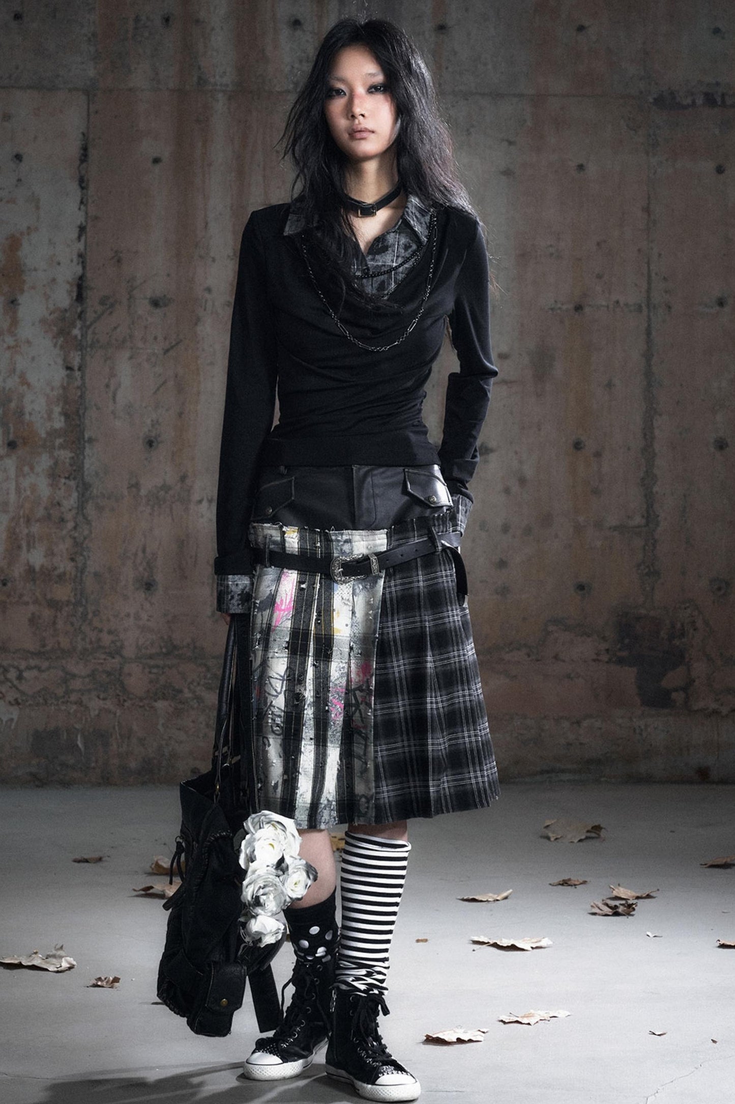 Leather Waist Plaid Pleated Skirt