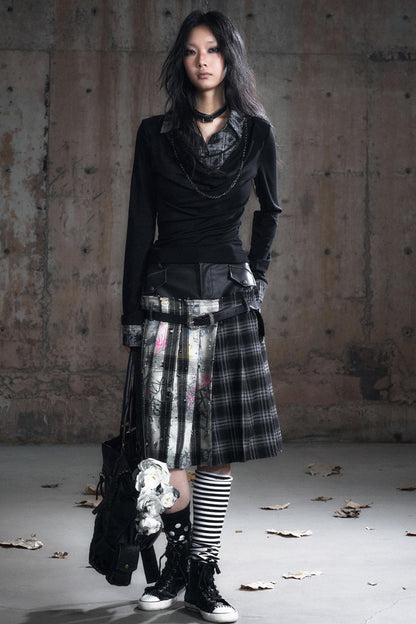 Leather Waist Plaid Pleated Skirt