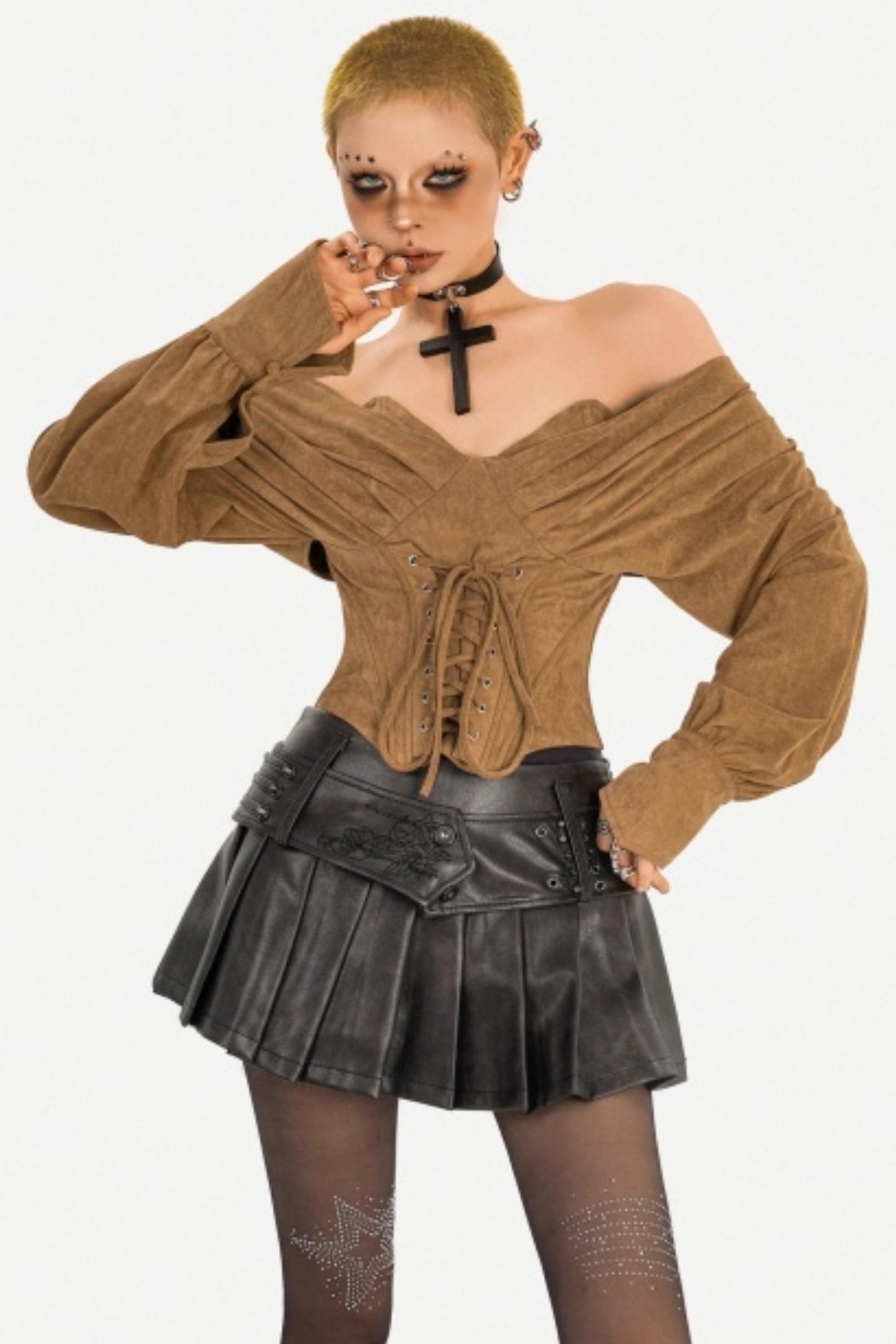 Caramel Retro Off-Shoulder Top