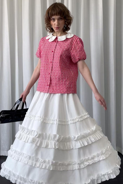 Red Plaid Lantern Sleeve Shirt