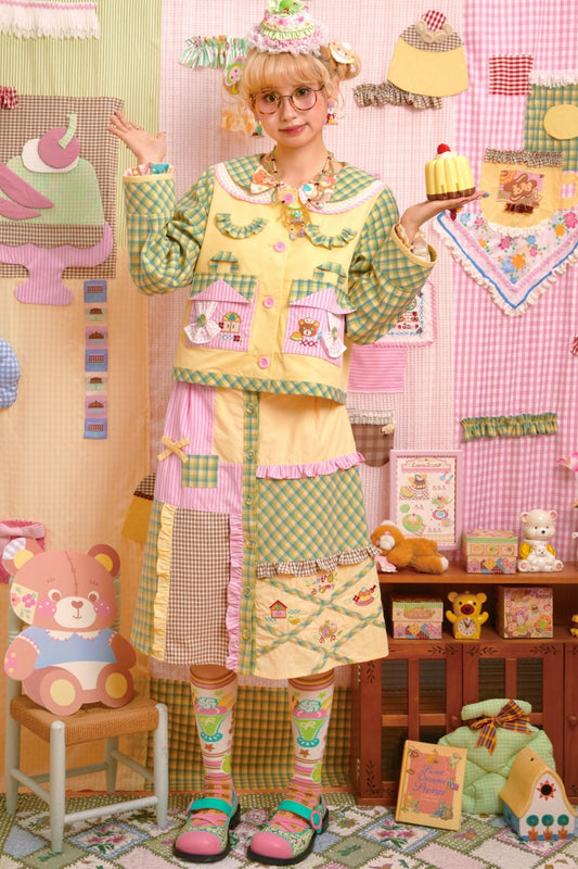 Patchwork Plaid Embroidered Top & Skirt Set-Up