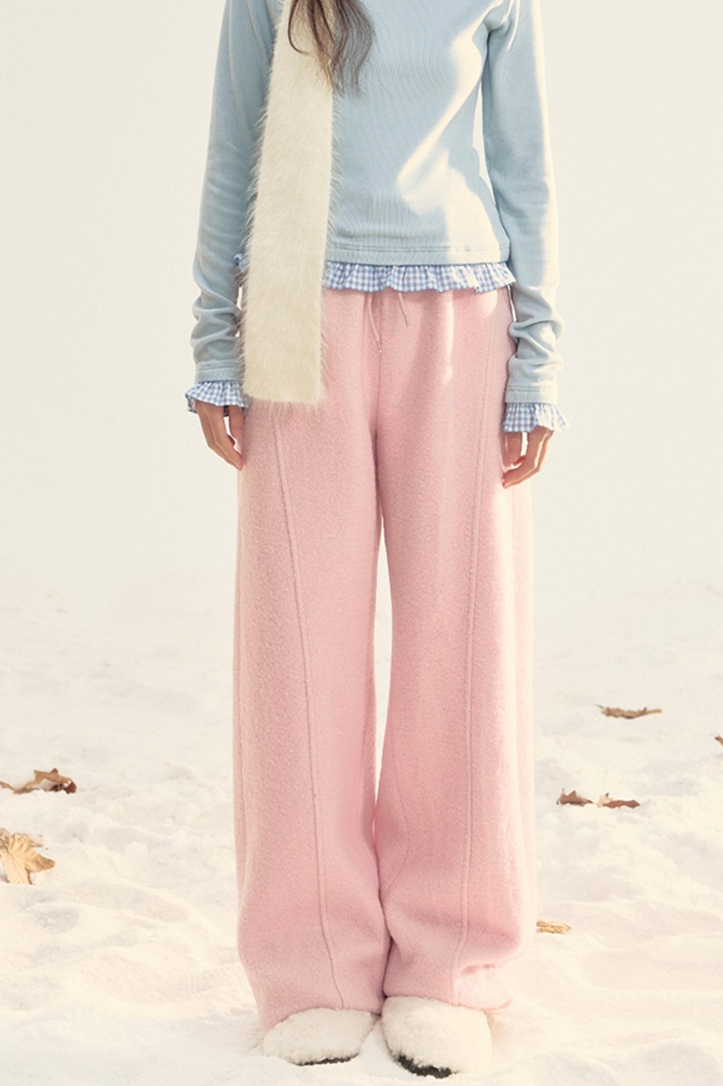 Pink Woolen Drawstring Casual Pants