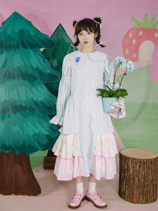 Angel Print Plaid Splicing Ruffles Tiered Dress