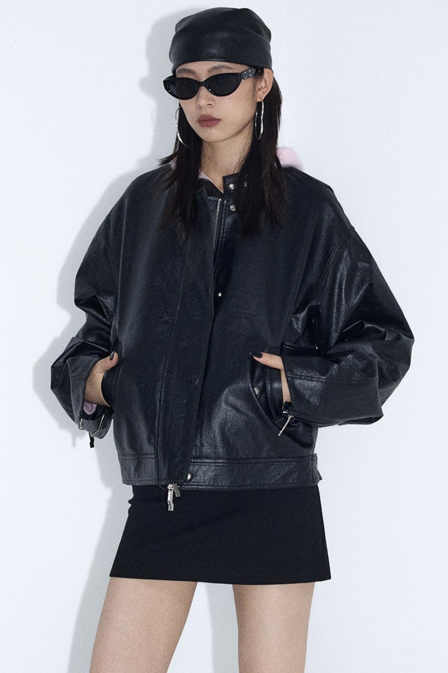 Stand-Up Pleated Leather Jacket