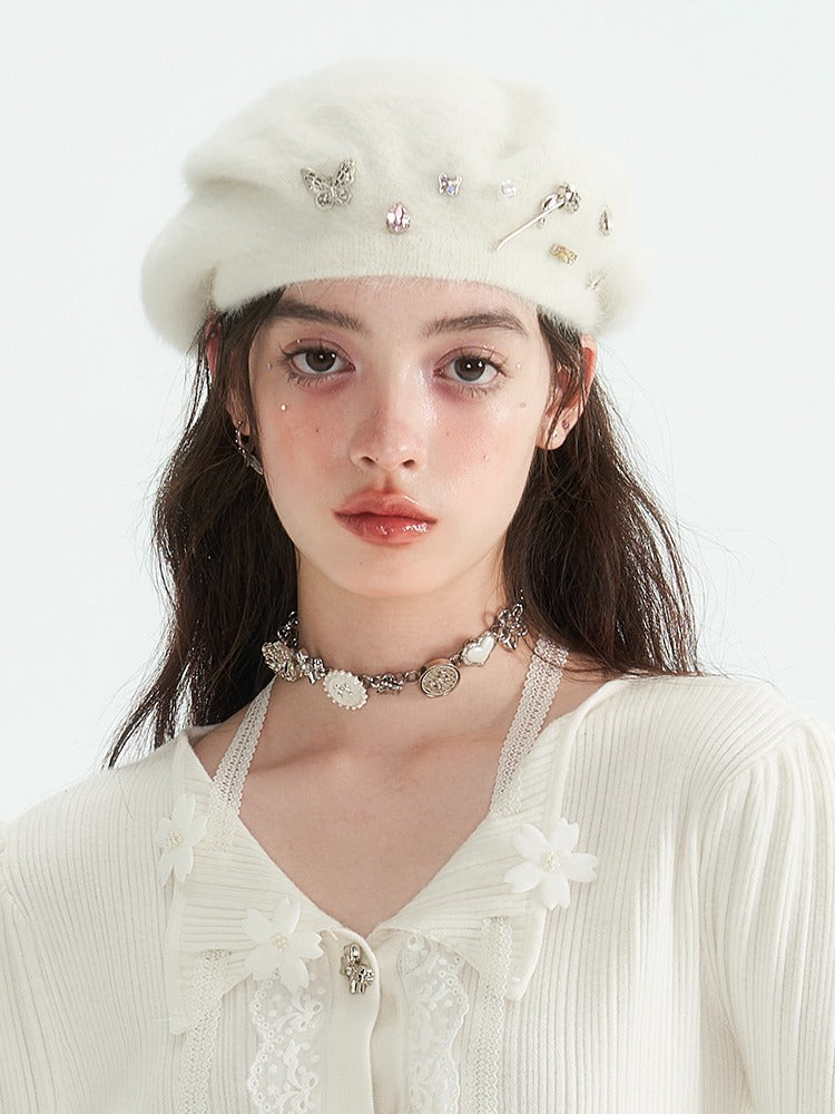 butterfly rose rhinestone beret hat